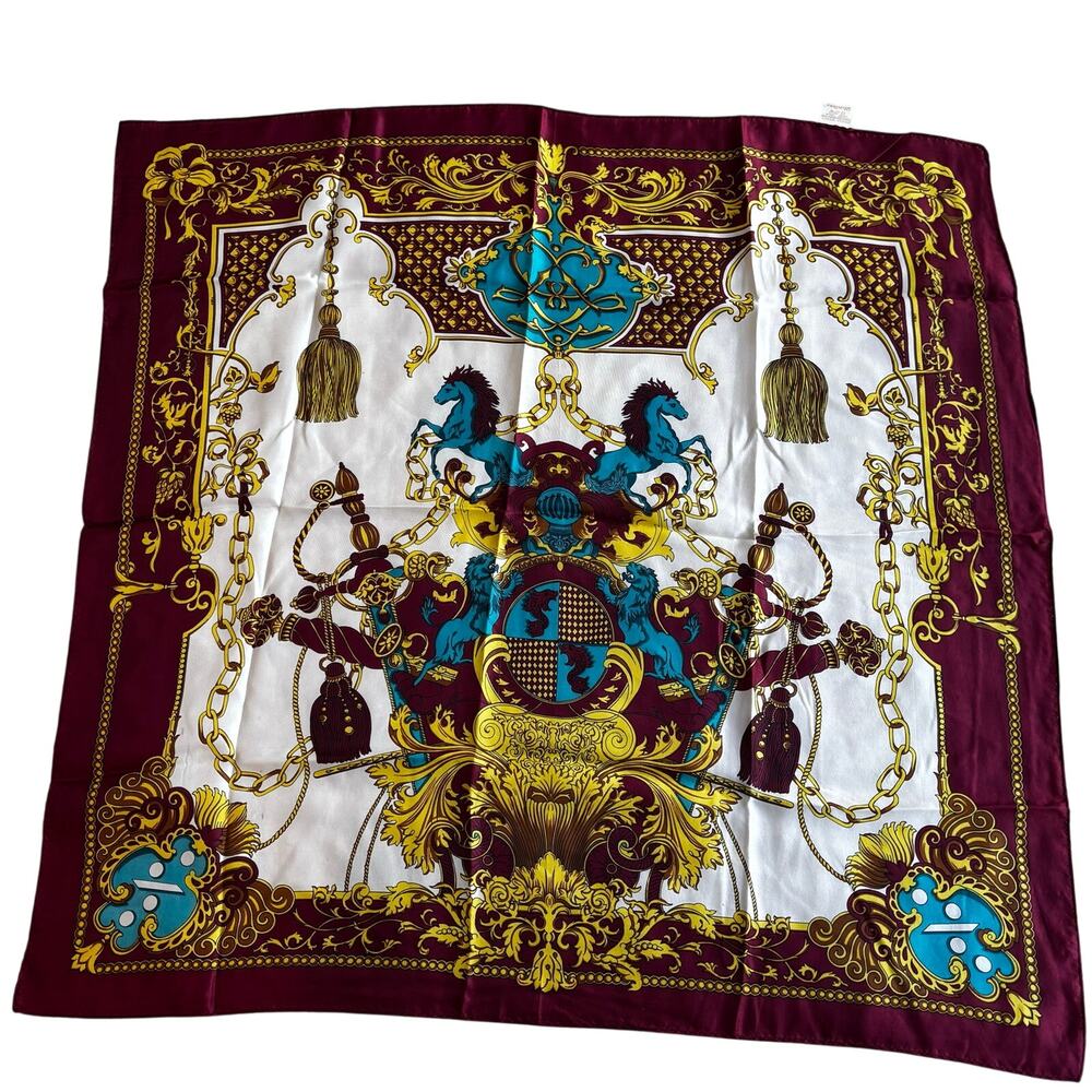 Vintage Glentex Silk scarf 25" square burgundy red golden yellow & blue ornate